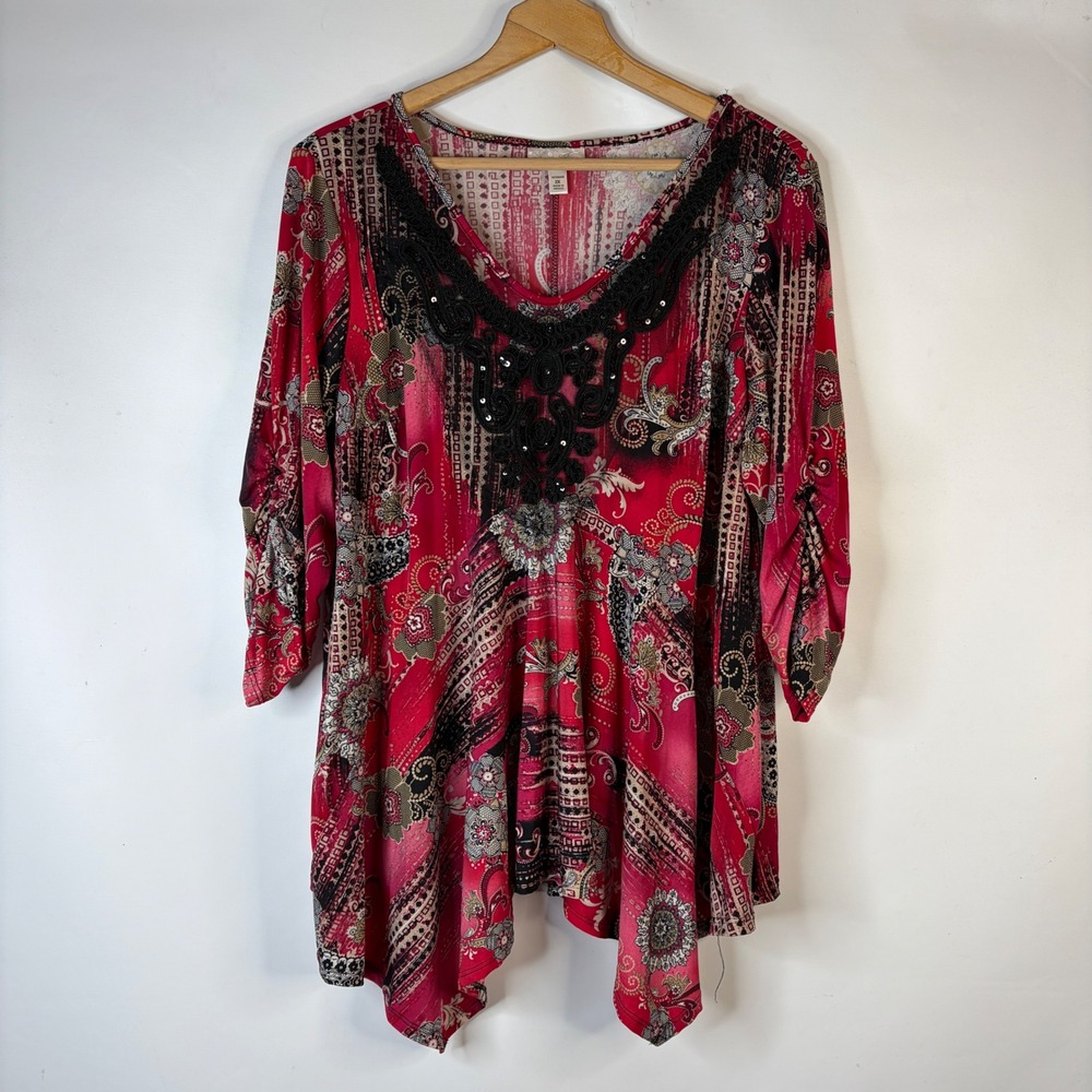 Dressbarn Tunic Top Women 2X Red Paisley Sequin Lace Sharkbite Hem 3/4 Sleeve